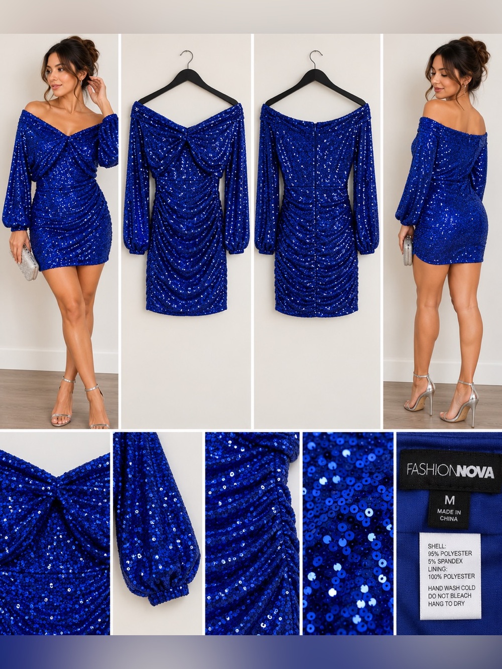 Fashion Nova Cobalt Blue Sequin Off Shoulder Mini Dress Size M ✨